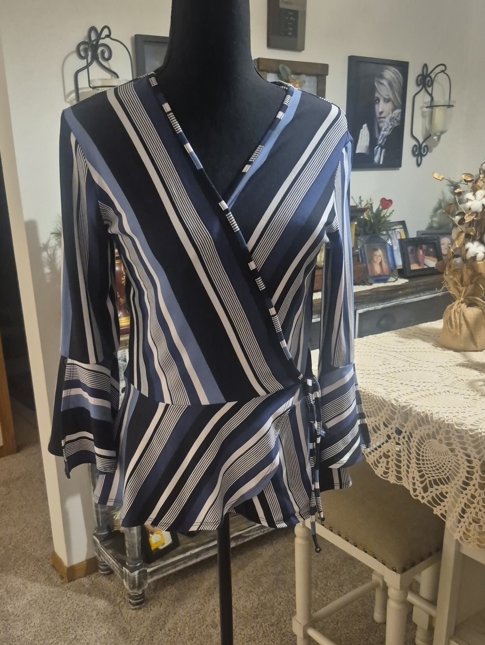 BCX Navy & White Striped Wrap Peplum Blouse
